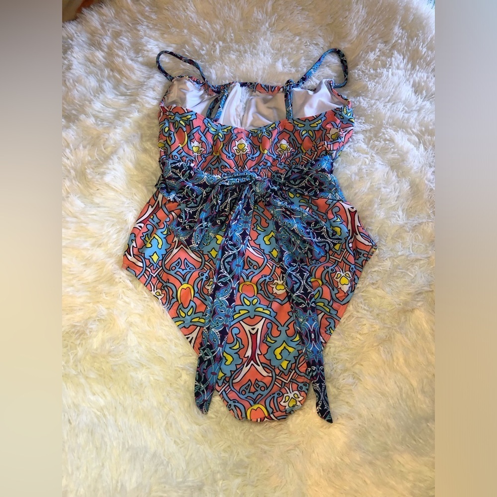 VENUS Blue and Pink One Piece Swimsuit with Decorative Waist Tie NWOT - Picture 4 of 14